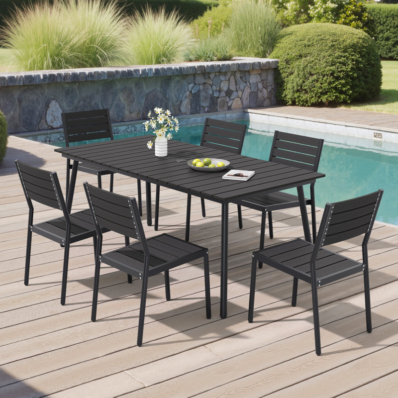 Ensemble de salle à manger de patio rectangulaire en aluminium Luceile pour 6 personnes avec trou pour parasol et chaises empilables (ensemble de 7)