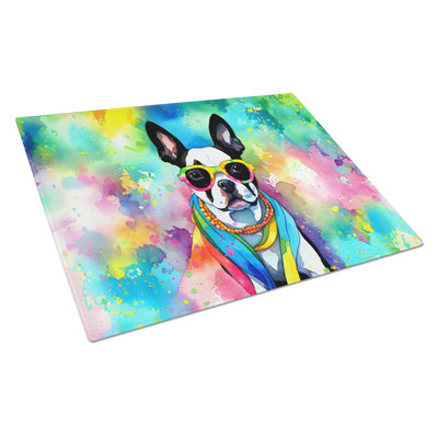 Boston Terrier Hippie Dawg Glass Cutting Board Large