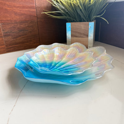 Coastal iridescent glass scallop shell plates set of 2, blue, teal and white, 11.75 inches wide
