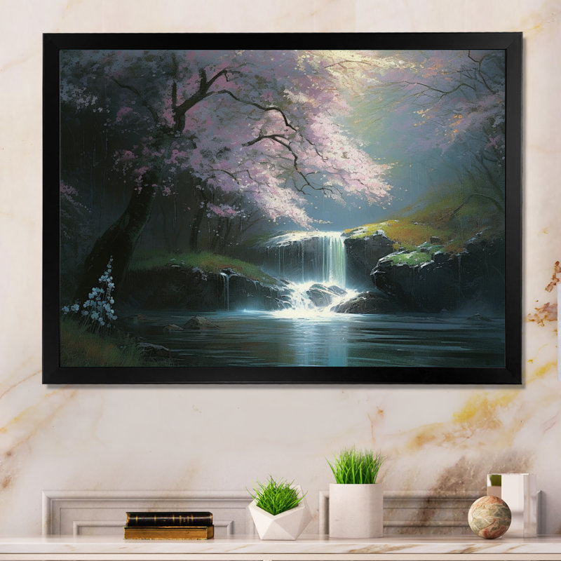 Nayma Cherry Blossom Stream I sur toile, Cadre photo noir, H 12 po x l 20 po x P 1 po