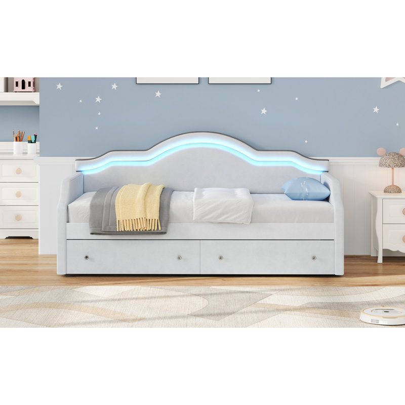 Lit de jour rembourré beige avec éclairage DEL et 2 tiroirs - Parfait pour les petits espaces, Beige, Lit simple