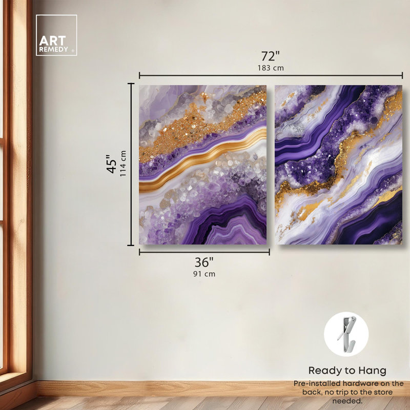 Ensemble de 2 décorations murales en agate Glame Geode Luxe par Art Remedy, tendue sur châssis, 36 x 45, H 45 po x l 36 po