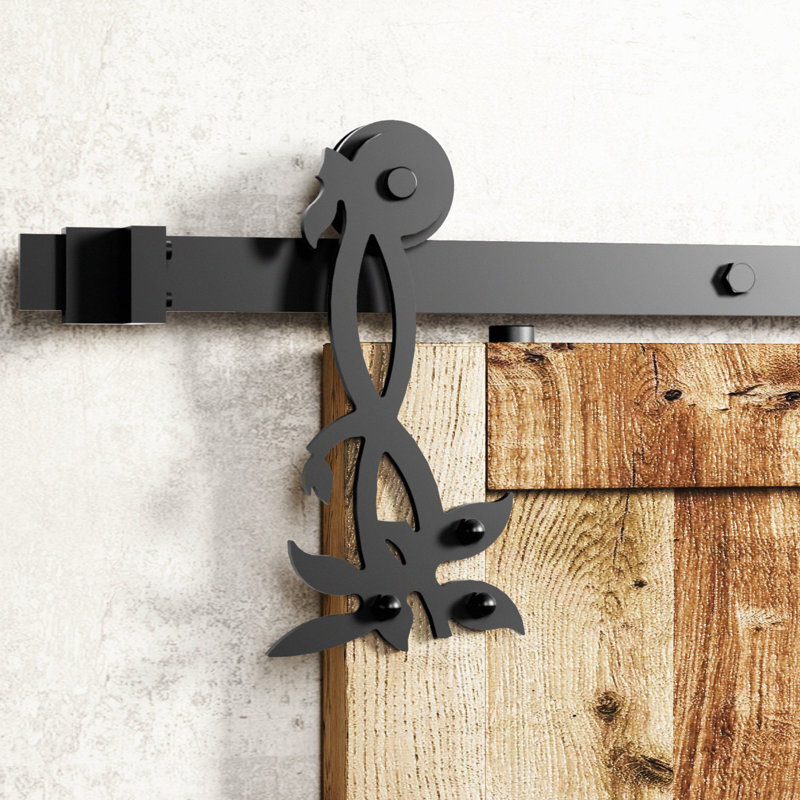 Ensemble de quincaillerie de porte de grange à une porte standard à fleur simple noir rustique Flower Design, 108 po