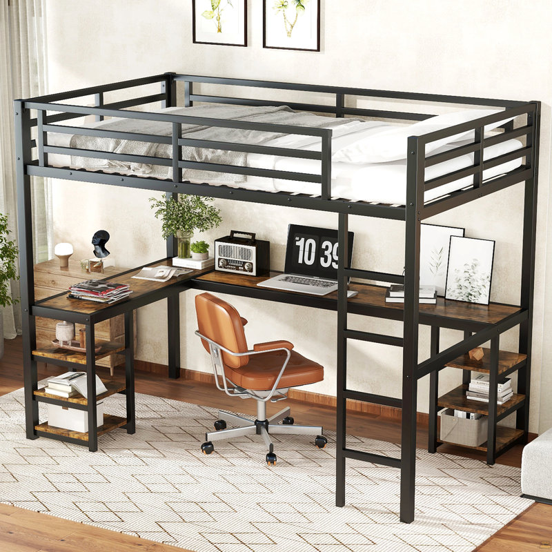 Twin XL Metal Loft Bed With Desk And Shelves, Loft Bed With Ladder And Guardrails