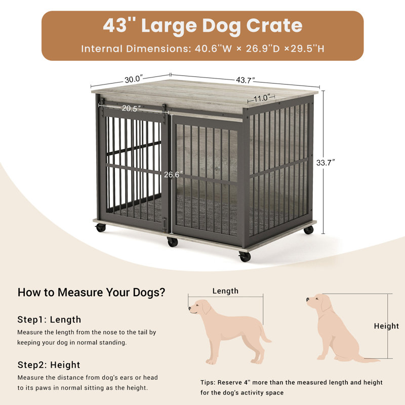 Meuble pour chien de 43,7 po avec coussin pour animaux de compagnie de taille moyenne à grande, Gris