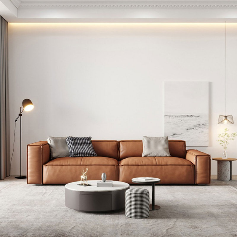 Canapé modulaire orange en cuir véritable, 25.59" H x 102.36" W x 37.8" D, Orange