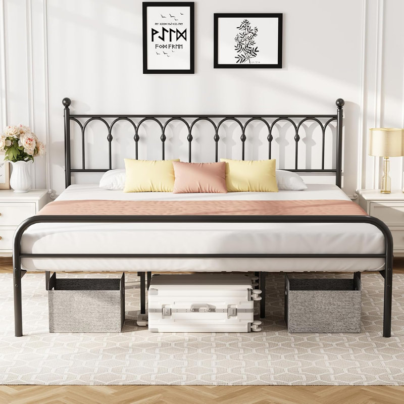 Melati Metal Bed Frame with Headboard Platform Bed No Box Spring Needed, Black, King