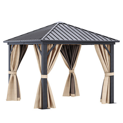 Pavillon de jardin en aluminium 10 x 10 pi avec toit en acier galvanisé, filet et rideaux, pour la cour, la terrasse, la pelouse ou l'extérieur