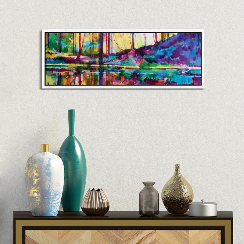 Serenity At Meadowcliff by Doug Eaton - Panoramic Painting on Canvas, 30.48 cm H x 91.44 cm W, White Framed