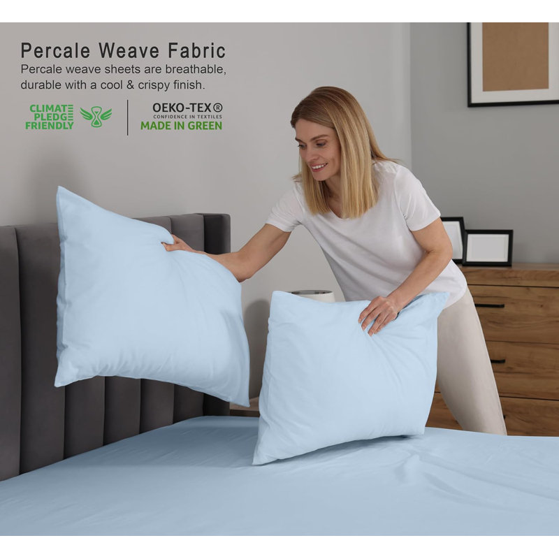 100% Cotton Sheets Sets Soft Crispy Percale Cooling Sheets 16 Inch Deep Pocket Bed Sheets, Baby Blue