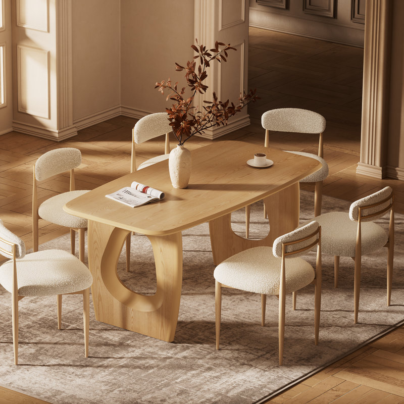 7 Piece Dining Table Set, Kitchen Table &Chairs Set with Rectangel Table and 6 Bouclé Chairs, Dinner Table with Sculptural Cutouts Base for Dining Room
