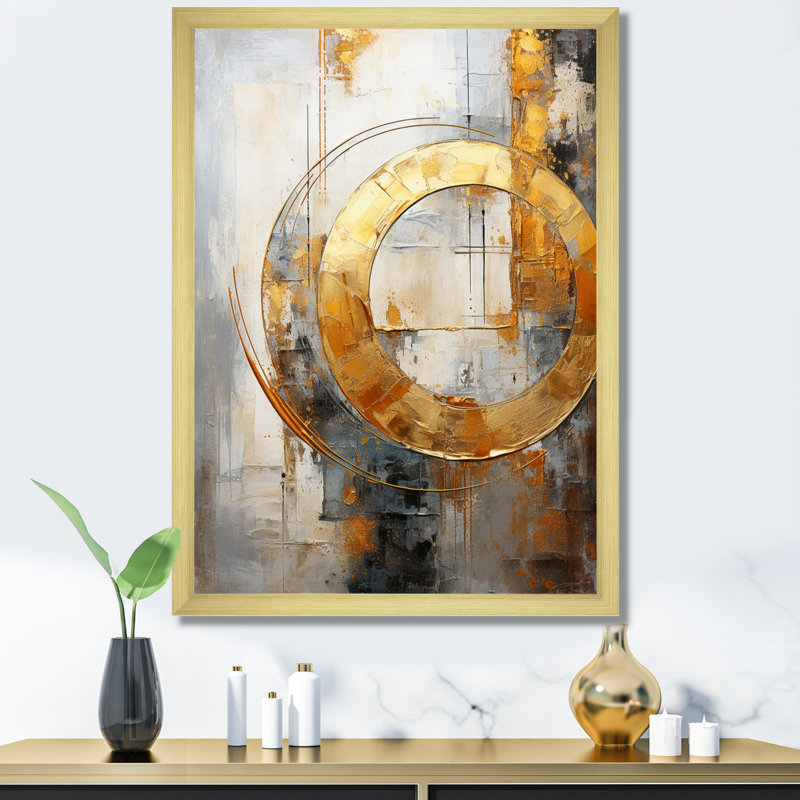Fleurine, gris doré, géométrie brillante, sur toile, Encadrement doré, H 32 po x l 24 po x P 1 po