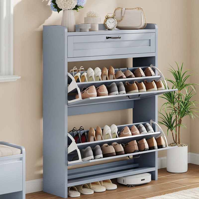 Shoe Cabinet with 2 Flip & 1 Top Drawer, Wooden Adjustable Organizer for Entryway & Living Room, Blue, 3