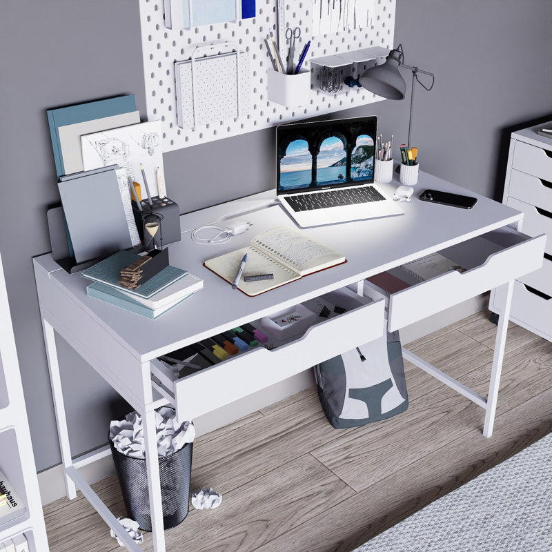 Modern White Study Desk, 47.2 x 30.5 x 21.7 Inches | 100% Melamine Coated Particle Board, Thickness: 0.7 Inches | Sleek Design for Home Office, Elegant & Functional Workstation, Easy to Clean Surface