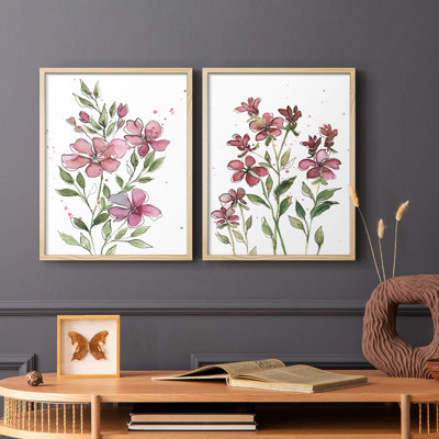 Aquarelle sur tiges florales I - reproduction encadrée de qualité supérieure - prête à être accrochée - aucun clou requis - aucun clou requis