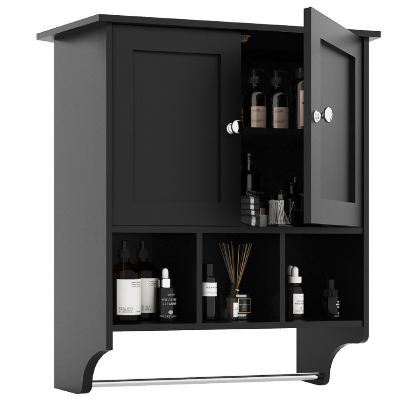 Armoire à pharmacie murale pour salle de bain, rangement en panneau de fibres à densité moyenne avec tablettes réglables et barre à serviettes, armoire murale pour articles de toilette, installation facile