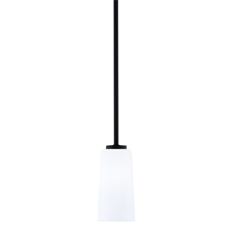 Mini suspension Nicomedes Stem Hung présentée en finition noir mat avec verre opale blanc de 12,7 cm de largeur x 24,8 cm de hauteur