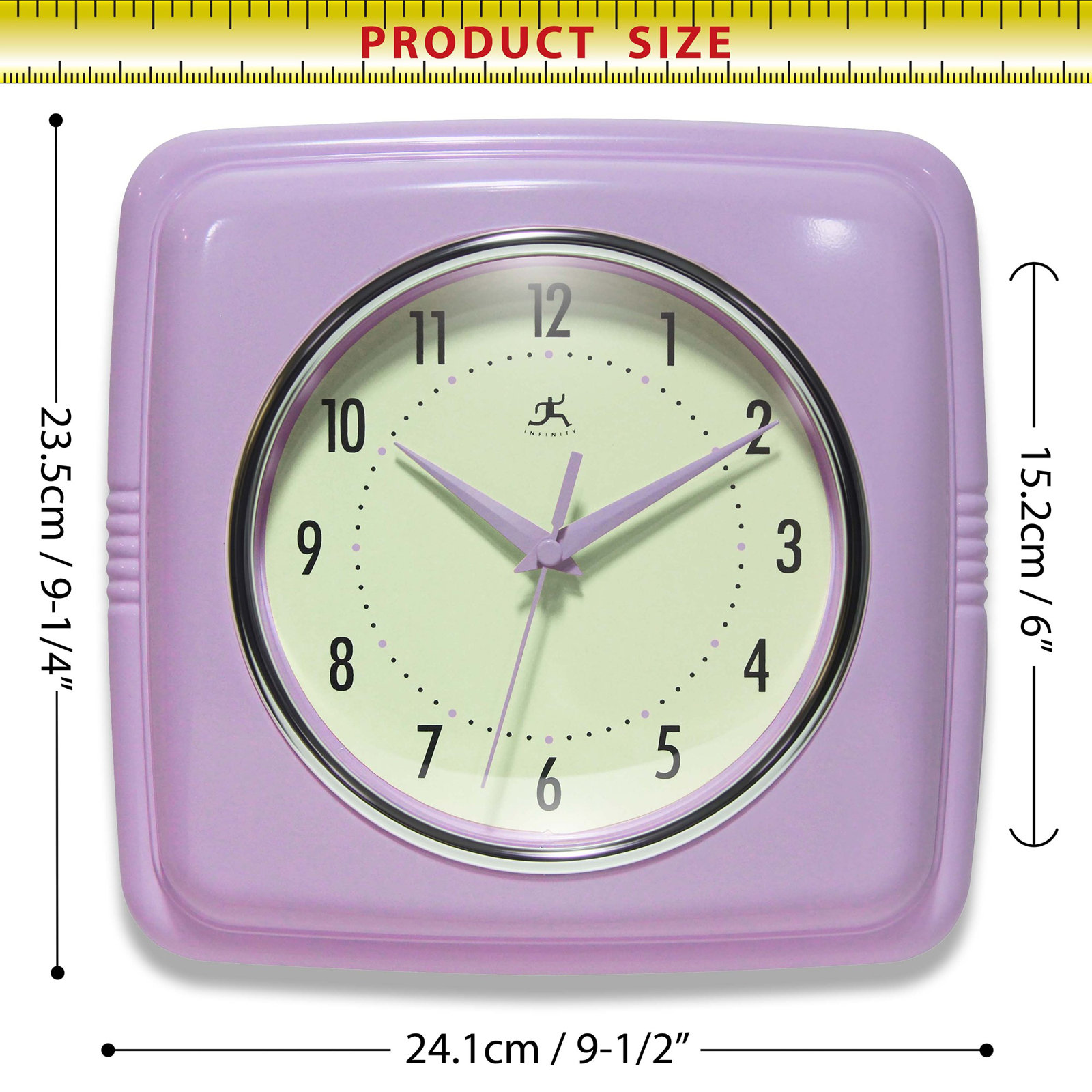 Orrwell Square Plastic Wall Clock 9.25 Inches, Lavender