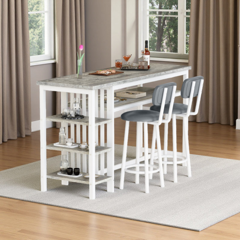 3 Piece Bar Table Set, Kitchen Dining Table Set For 2, Bar Table And Chairs Set With PU Upholstery Stool And 4 Open Storage Shelves, Pub Table Set For Small Space, Grey