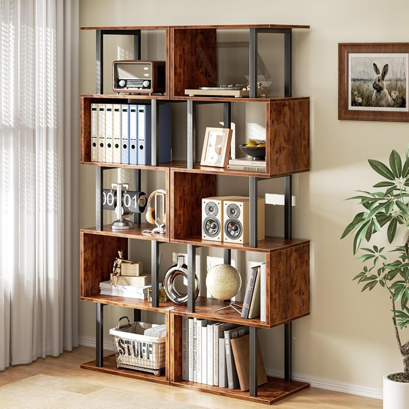 Étagère à livres en forme de S à 6 niveaux – Étagère d'exposition géométrique de style industriel, séparateur de pièce, brun rustique