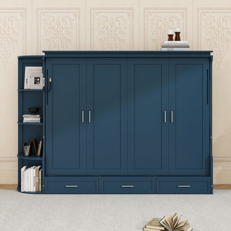Lit escamotable en bois avec 3 tiroirs et tablettes ouvertes, Full, Bleu