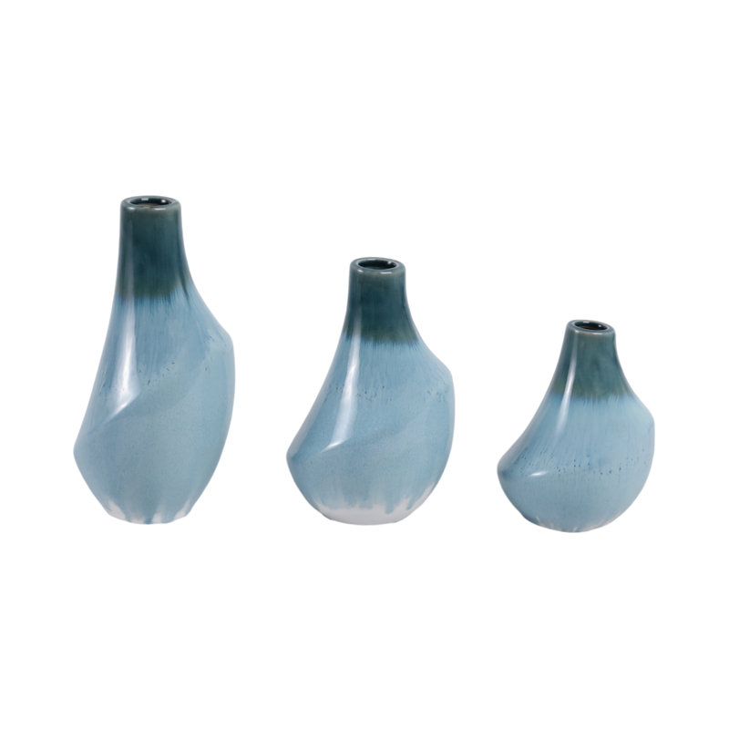 Set Of 3 5/7/9" Jolivue Ceramic Vases, Green/Light Blue
