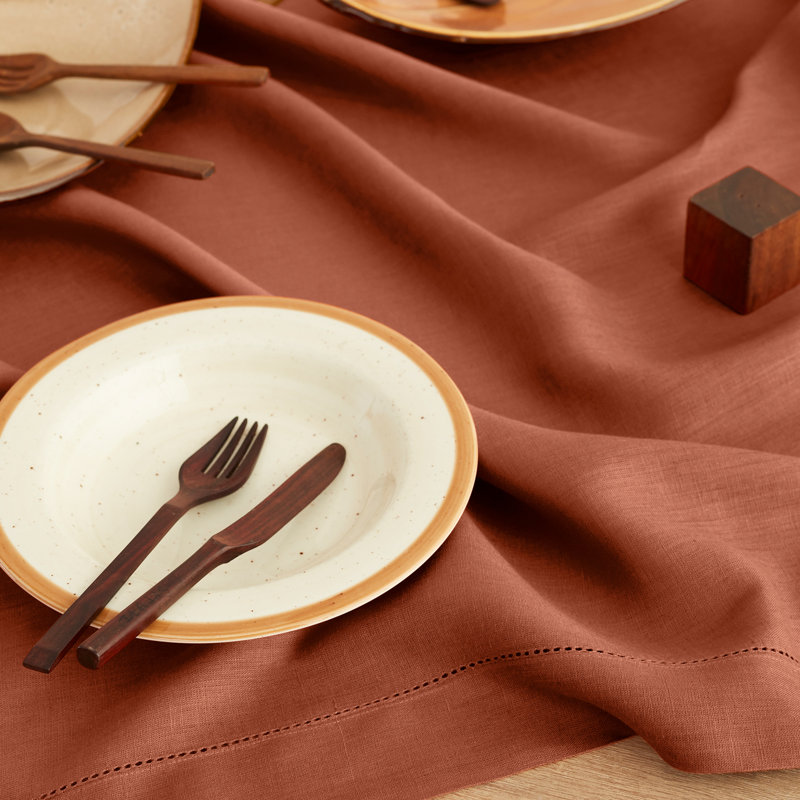 100% Pure Linen Hemstitch Table Throw - Classic Hemstitch, Cinnamon