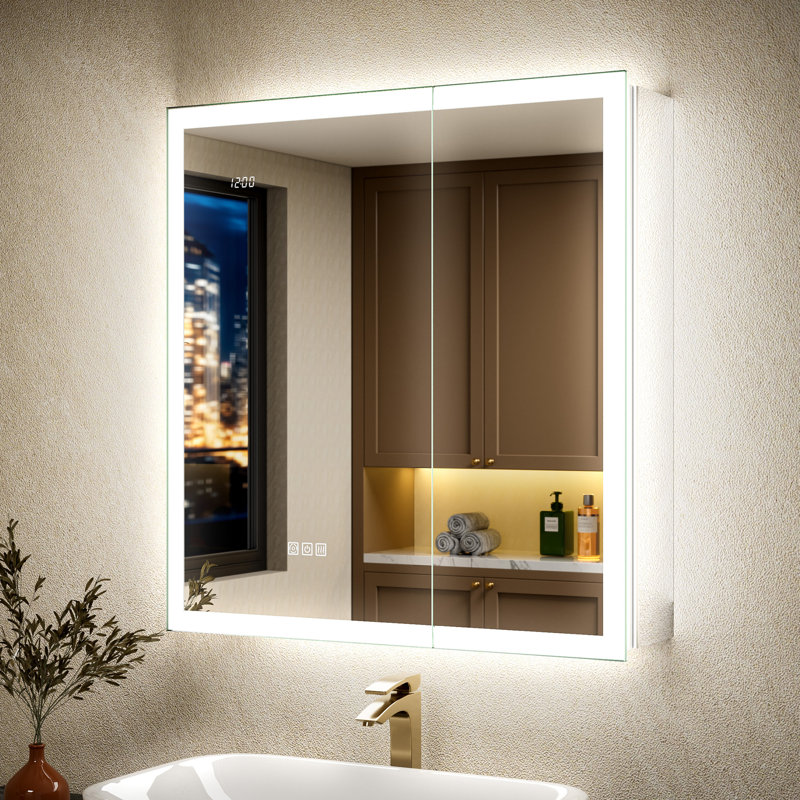 Palmina LED Medicine Cabinet with Mirrored Side Panels, Dimmable 3-Color Front Lighting & Ambient Back Glow, Anti-Fog, Outlet, Clock & Sensor Light, Surface/Recessed Mount