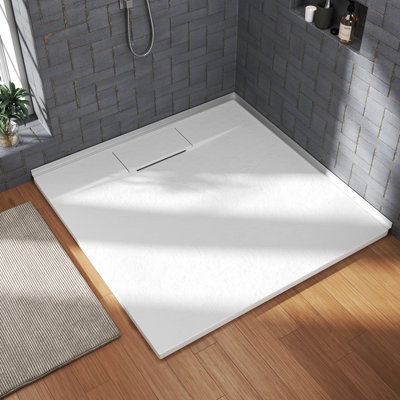 1 In. H x 35.4 In. W x 35.4 In. D Solid Surface Square Shower Base, SMC Shower Pan, Non-Slip, Low-Profile, Curbless, Wheelchair Accessible