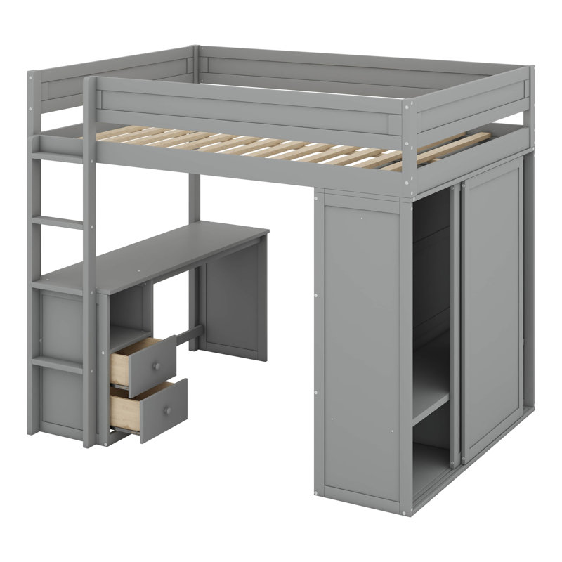 Structure de lit mezzanine en bois massif avec armoire à 2 tiroirs de rangement, lit mezzanine avec placards et bureau, Gris