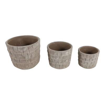 Jardinières rondes texturées en terre cuite pour l'extérieur, idéales pour le salon et la terrasse - Ensemble de 3 pots de fleurs rustiques pour l'intérieur et la décoration de patio - 23 cm, 18 cm, 15 cm, gris et ivoire