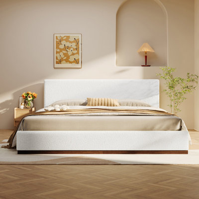 Lit grand rembourré White Boucle, base en grain de bois brun, 4 pieds de support, capacité de charge élevée, sans sommier