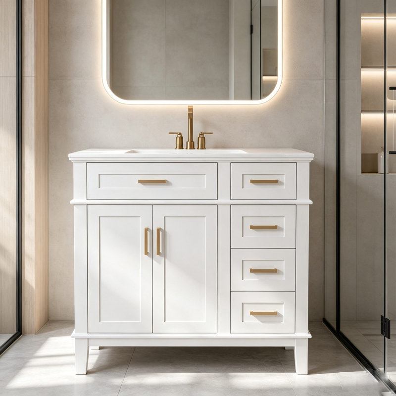 36'' Single Bathroom Vanity With Ceramic Top, White, Gold