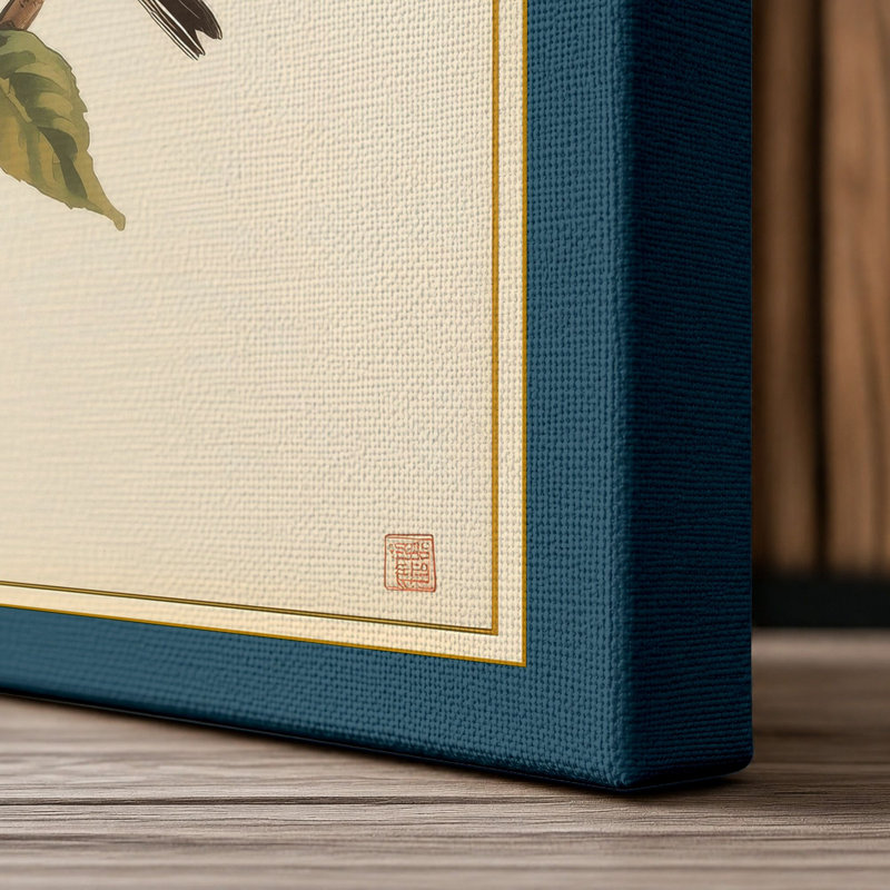 Robin on Blossom Botanical - Wrapped Canvas, 36x24 - 91.4 x 61.0 cm, Teal Border