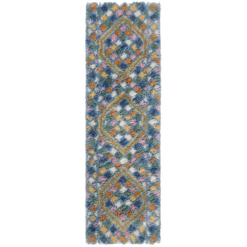 Cantu Hand Tufted Nz Wool/Cotton Geometric Rug in Blue/Ivory, Runner 2'3" x 8'