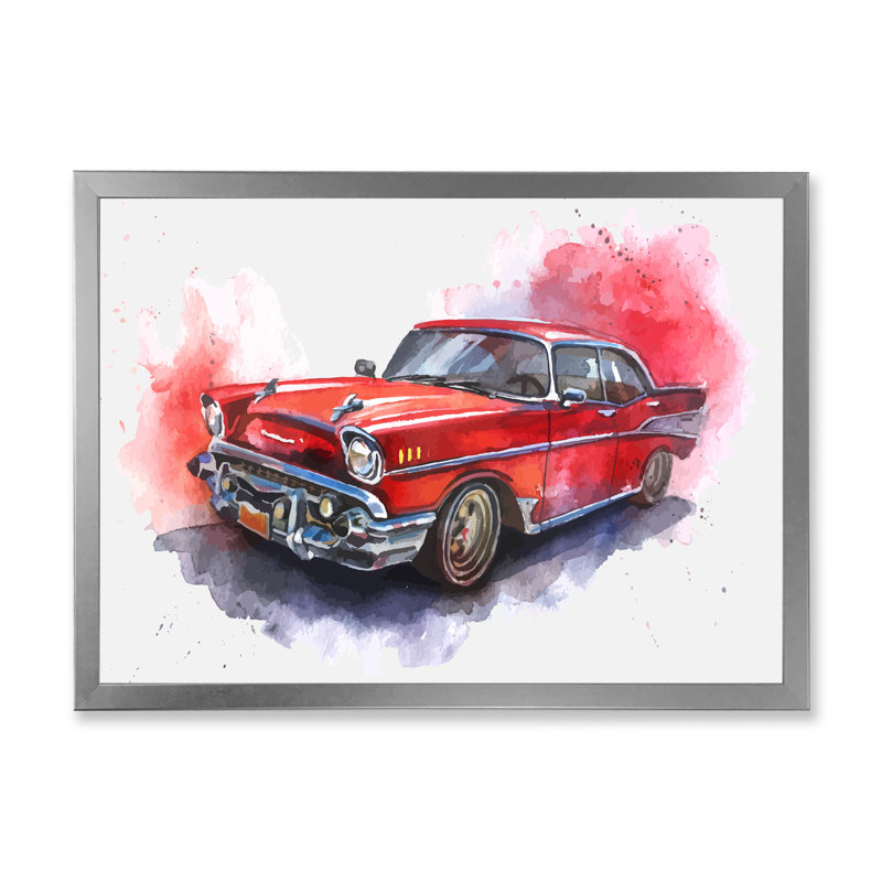 Voiture rouge à l'ancienne - peinture sur toile, H 16 po x l 32 po x P 1 po, Cadre de coin argenté fermé