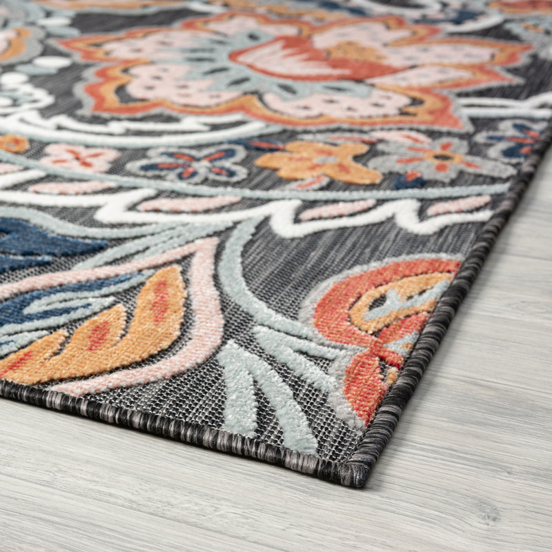 Tapis floral transitionnel Lilia, noir, Rectangle 3 pi 10 po x 5 pi 3 po