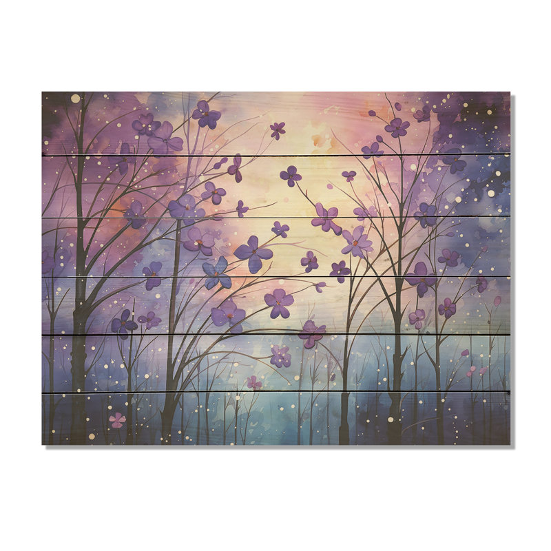«Sureal Enchantment - Violets», art mural sur bois de pin naturel, H 10 po x l 20 po