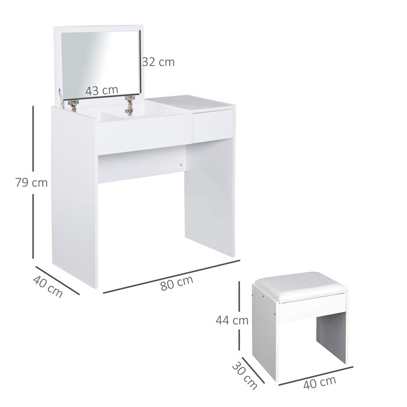 Makeup Desk With Drawer, Vanity Table Set With Flip-Up Mirror And Cushioned Stool, White