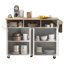 Îlot de cuisine cannelé de 55,5 po avec 2 abattants, chariot de rangement de cuisine avec prise de courant, 4 portes, support à épices, table d'îlot roulant avec plateau en grain de bois, bord courbé pour la cuisine, la salle à manger, blanc-640360015