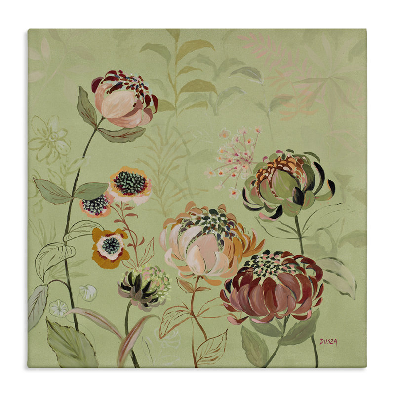 Chrysanthèmes enroulés sur toile verte, design par Dusza, H 24 po x l 24 po