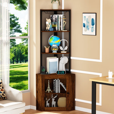 Armoire d'angle de 65 po avec tablettes, étagère de présentation à 6 niveaux et loquet de porte magnétique, autoportante pour la cuisine, étagère de verre à vin pour tablettes de chambre à coucher, tablette, balcon au charme rustique, bureau