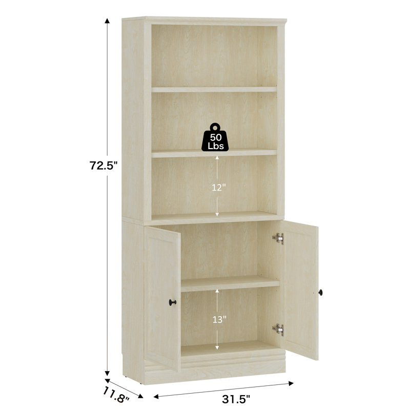 Tall Bookcase with Adjustable Shelves, 5-Tier Standard Bookshelf with Door, Open Storage Shelf Organizer,  Cream, 72.5 Inch