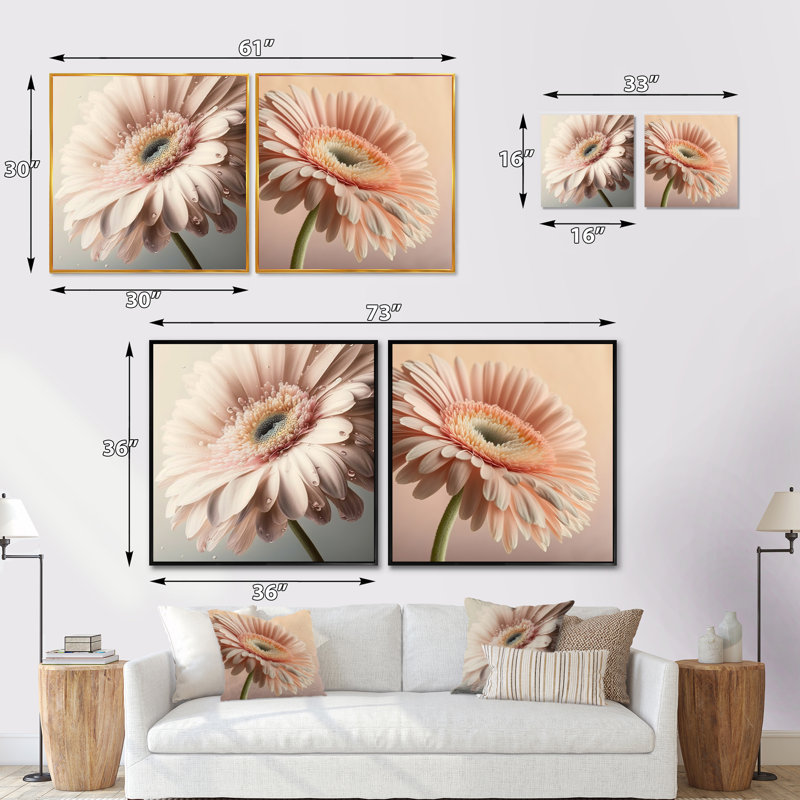 Gerbera rose - Collage de marguerites carrées, Cadre flottant noir, H 16 po x l 33 po