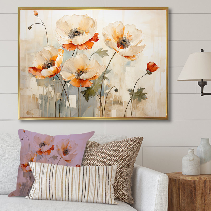 Beige «Poppy Meadow Melody II», art mural coquelicots, Cadre flottant doré, H 12 po x l 20 po x P 1 po