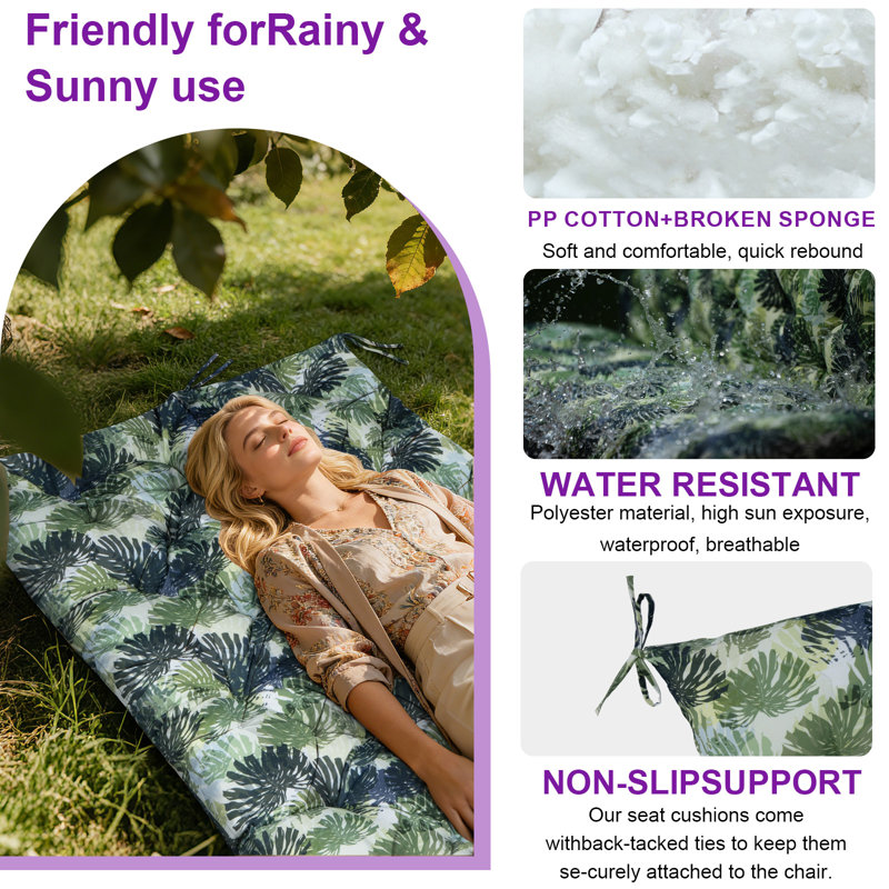 Porch Swing Cushions With Backrest, 4" Thicken Waterproof Outdoor Bench Cushion, Only Cushion, Palm, 60" W x 20" D