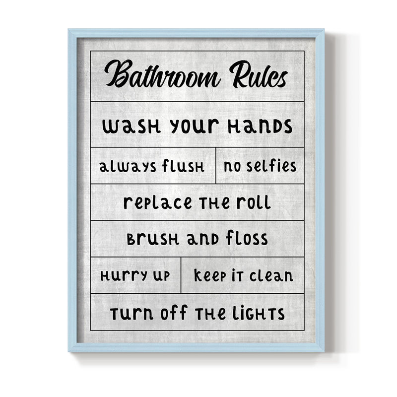 Simple Bathroom Rules Framed Print - Solid Wood, Blue, 15" H x 12" W