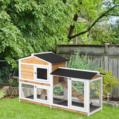 Wooden Rabbit House - Yellow 2 Stories Roof And Outdoor Run For 1-2 Rabbits 2-story From With Ramp Cleanable Middle Tray For