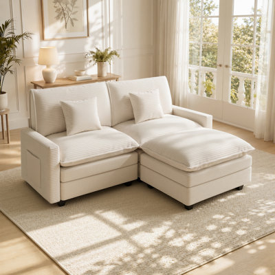 74" Upholstered Loveseat Sofa with Ottoman, Corduroy Couch For Apartment Bedroom Living Room Office
