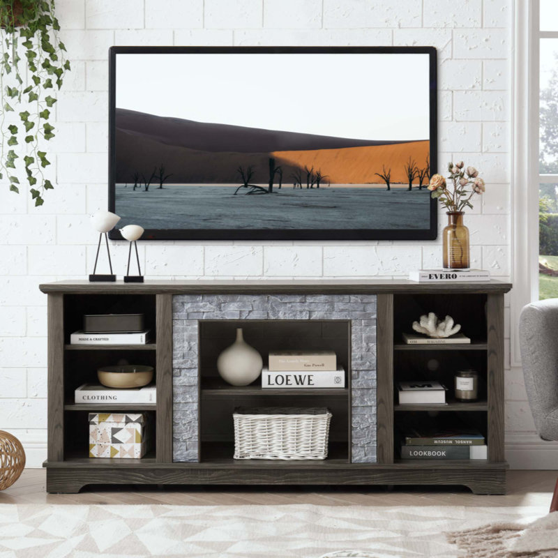 Mantel Stone TV Media Stand With With Faux Stacked Stone Surround, Modern Entertainment Console With Open Storage Space, Gray